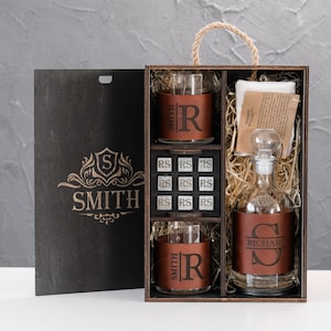 Personalized Leather Wrapped Whiskey Decanter Set - Engraved Bourbon Glasses Set - Barware Set with Whiskey Stones - Coasters