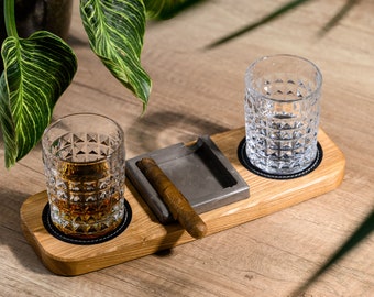 Handmade Wooden Ashtray, Whiskey Glasses Holder with Leather Coasters, Whiskey Glasses and Cigar Tray - Groomsmen Gifts, Best Man Gift