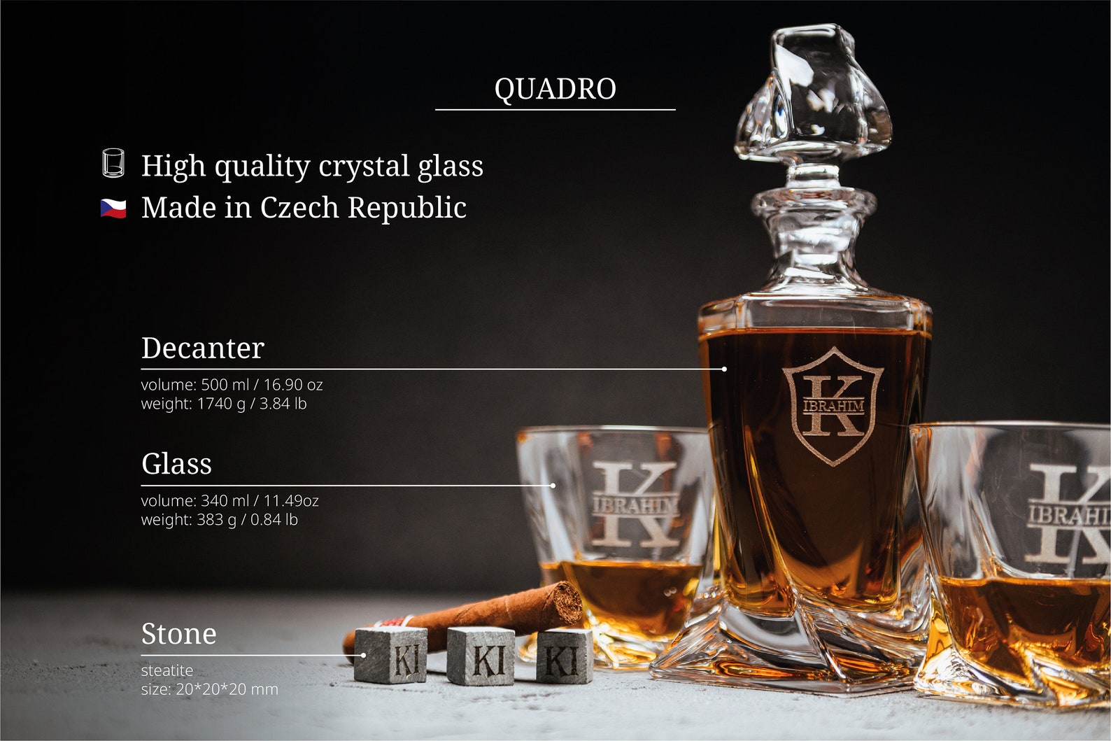 Quadro Decanter Set With 4 Whiskey Glasses. Engraved Wooden Etsy