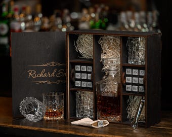 Set di decanter per whisky personalizzati - Bicchieri da whisky incisi con pietre - Regalo personalizzato per anniversario, matrimonio, festa del papà, Natale