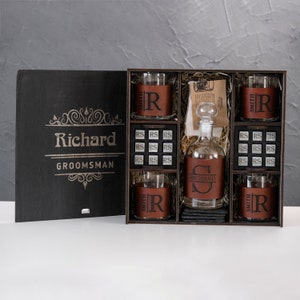 Personalized Birthday Gift for Him - Engraved Leather Wrapped Whiskey Glasses Set with Whiskey Stones - Coasters - Great Gift for Loved Ones