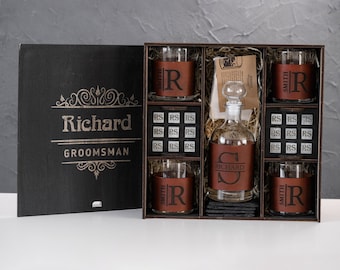 Personalized Birthday Gift for Him - Engraved Leather Wrapped Whiskey Glasses Set with Whiskey Stones - Coasters - Great Gift for Loved Ones