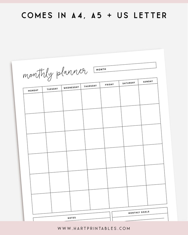 Monthly Planner Chart PRINTABLE Calendar A4 Month Plan 8x10 | Etsy