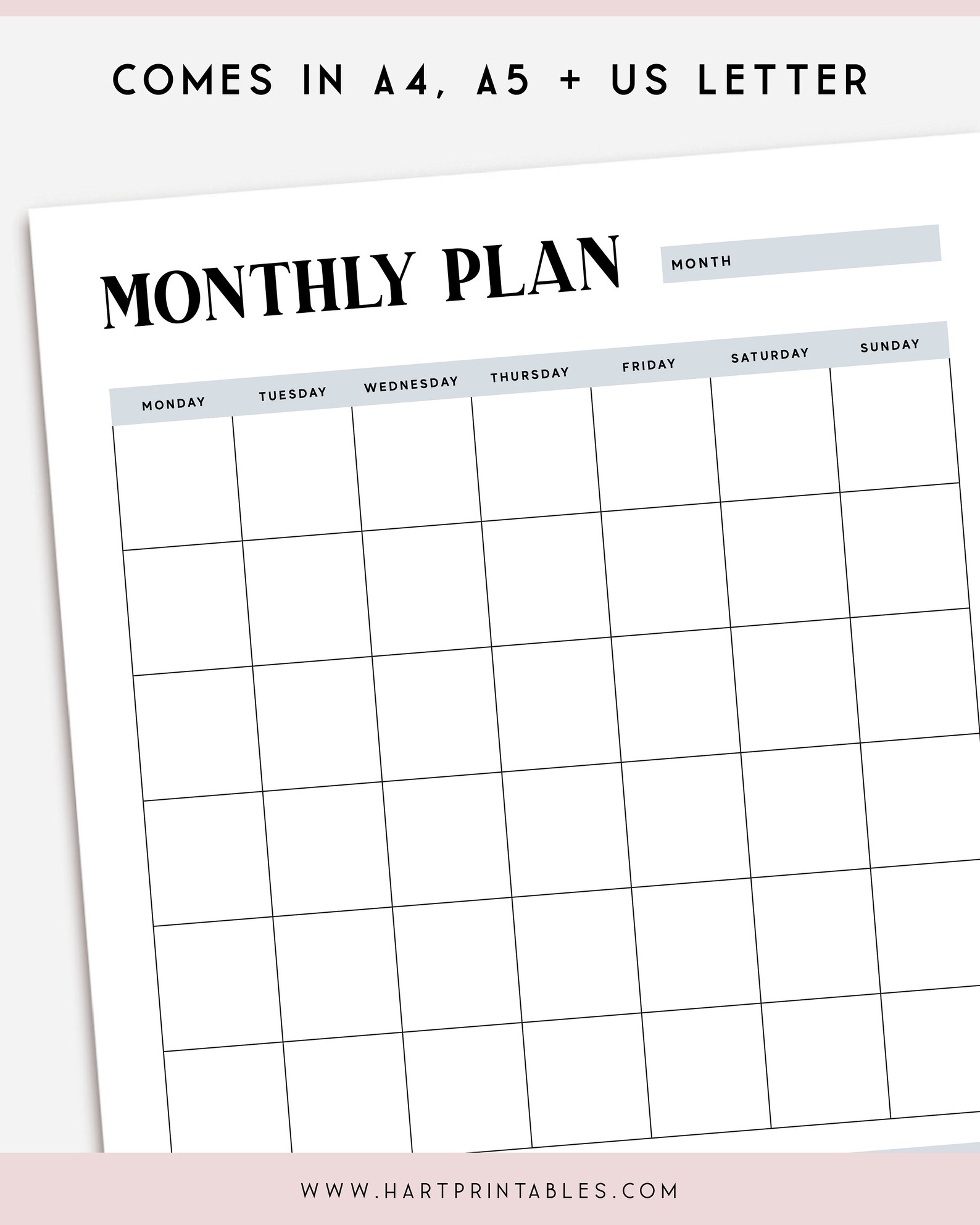 Monthly Planner Chart PRINTABLE Calendar A4 Month Plan 8x10 Etsy