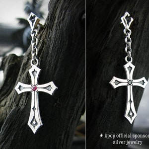 Frucht-J2, Garnet, Silver Dangle Earrings, Cross Drop Earrings, k-pop earrings, Unisex Studs, Women's Vintage Ring, men's Rings