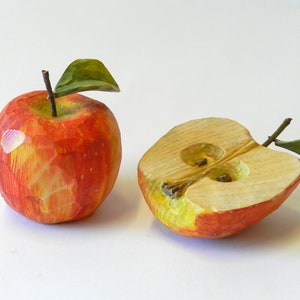 Apple and half apple carved and hand painted in pine wood