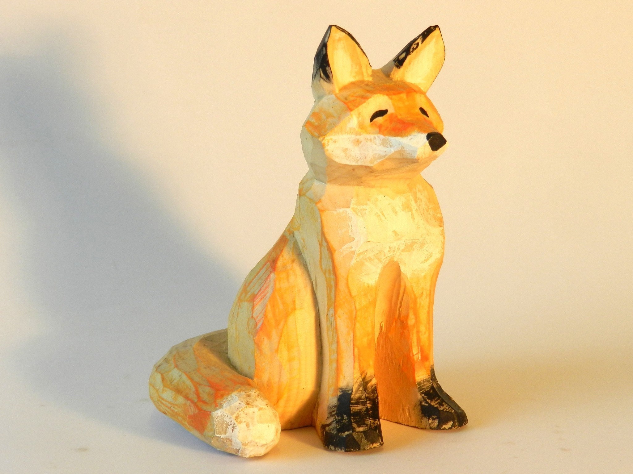 Sitting Fox in Pine Wood Carved and Painted by Hand Etsy