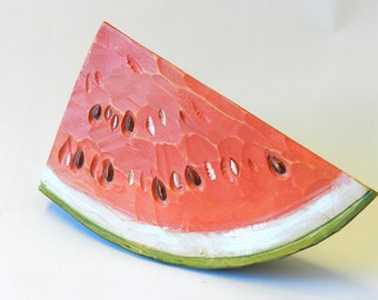 Slice of watermelon carved and hand-painted in pine wood