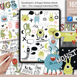 165+ Cute Monster l Ensemble d'autocollants PNG pour planificateur numérique pré-recadré | Goodnotes Planner Autocollants numériques
