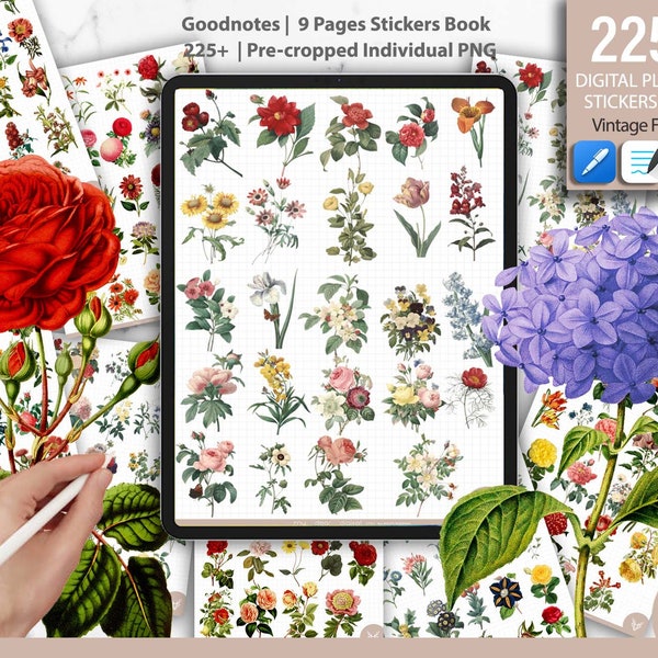 225+ fiori vintage l Pacchetto di adesivi PNG pretagliati per pianificatore digitale/adesivi digitali per pianificatore Goodnotes