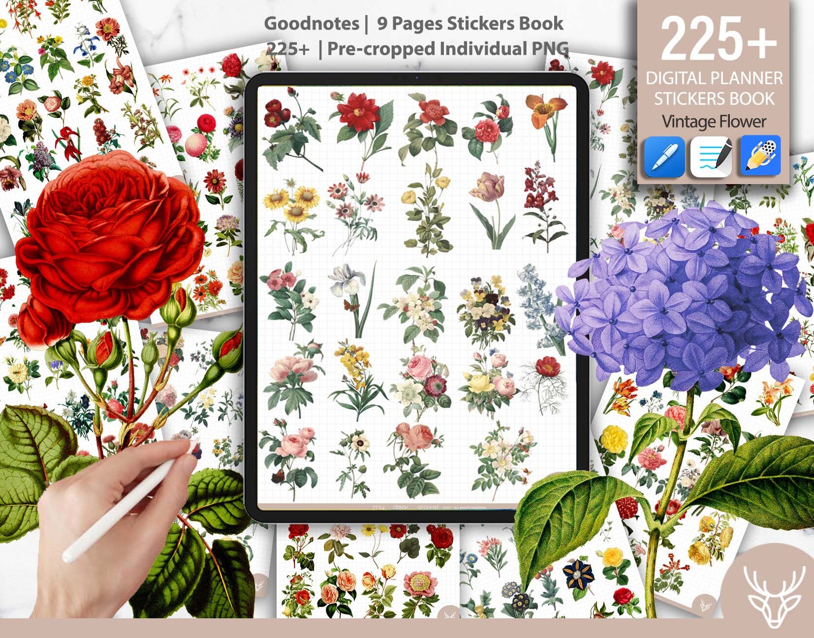 50pcs Flower Stickers, Natural Vintage Floral Stickers Waterproof Self-Adhesive Scrapbooking Stickers for Scrapbook Laptop Planners DIY Crafts