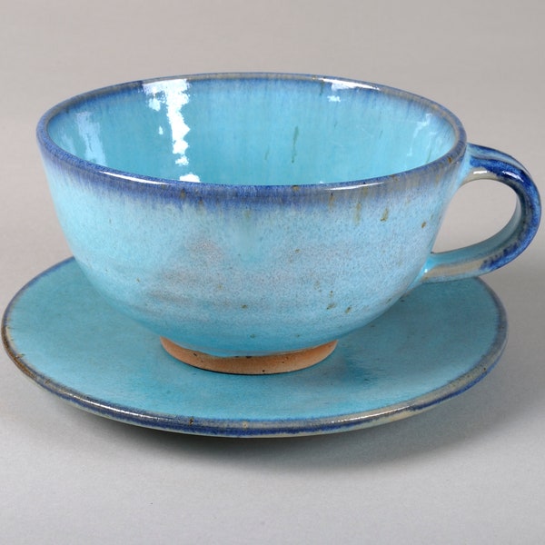 Large cup with saucer, coffee and tea cup, large cappuccino cup with saucer, hand-turned, potter's wheel, handmade, turquoise