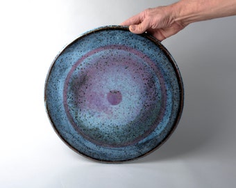 Large ceramic bowl 40 cm light blue-violet iridescent, bowl for finger food, snacks, fruit bowl, living room table, pottery handmade