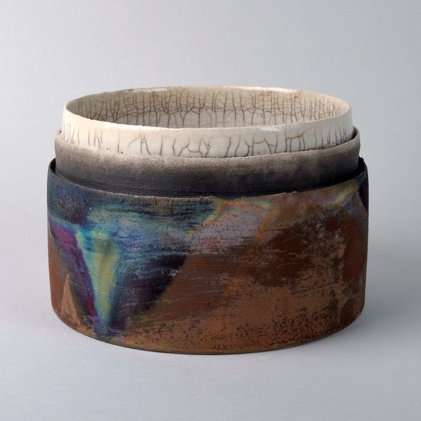 Raku bowl with triple rim, vessel object ceramic Raku
