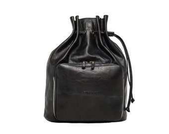 May include: Black leather drawstring backpack with a front zippered pocket. The bag has a gold zipper and gold grommets.