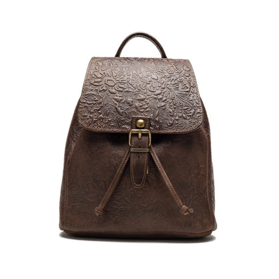 brown leather backpack embossed Loyal West Roaming Trail Medium at work Fossil Brown Leather Backpack