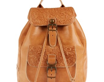 Genuine Leather Handmade Backpack, Elegant Flower Embossed Bag, Vintage Leather Rucksack, Everyday Leather Backpack, Small Leather Bag
