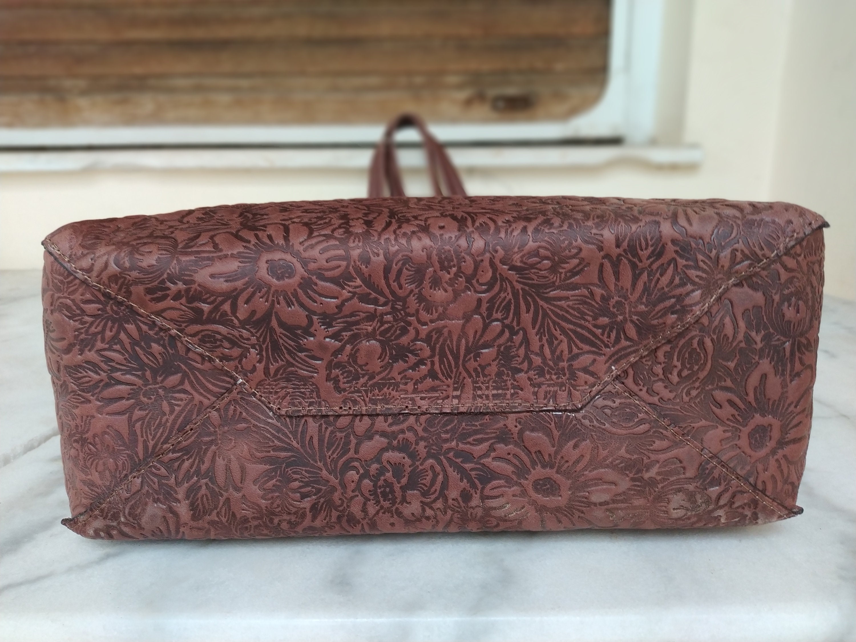 Vintage Shopping Bag, Brown Flower Embossed Tote Bag