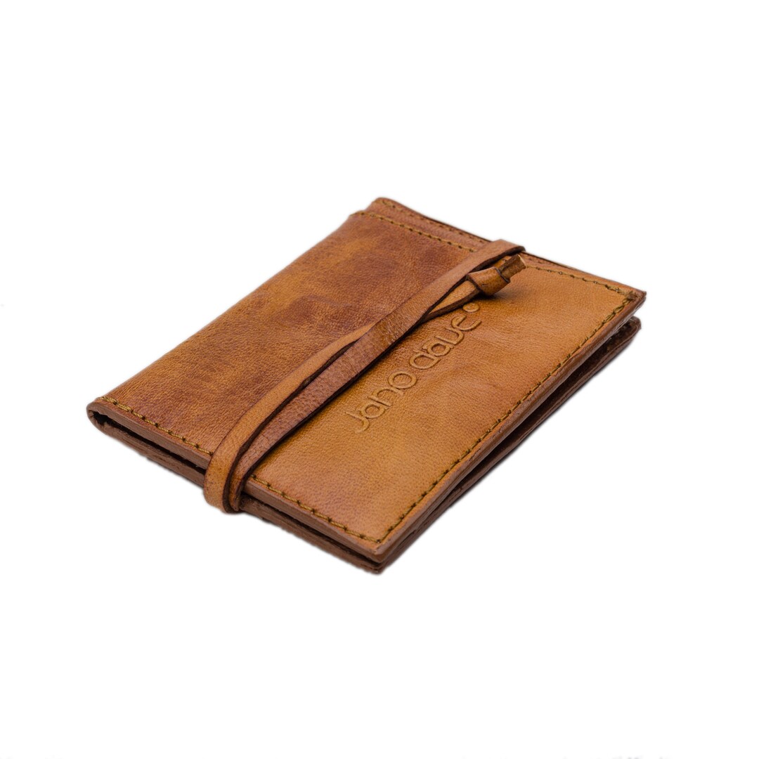 TheAntiq Portafoglio Minimalista In Pelle Marrone Chiara, Fatto A Mano, Custodia Sottile Per Carte Di Credito Con Bottone, 10,2x7,6 Cm - 2