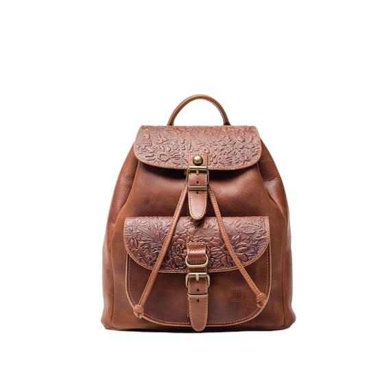 Genuine Leather Handmade Backpack, Elegant Flower Embossed  display picture 2