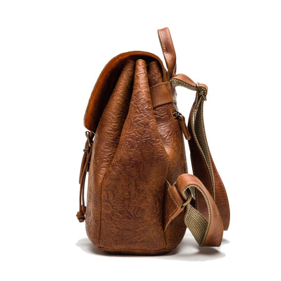 Genuine Leather Flower Embossed Backpack, Small Vintage  display picture 3