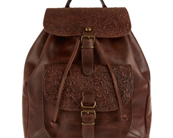 Genuine Leather Handmade Backpack, Brown flower embossed College Bag, Vintage Leather Rucksack,  Large Leather Bag