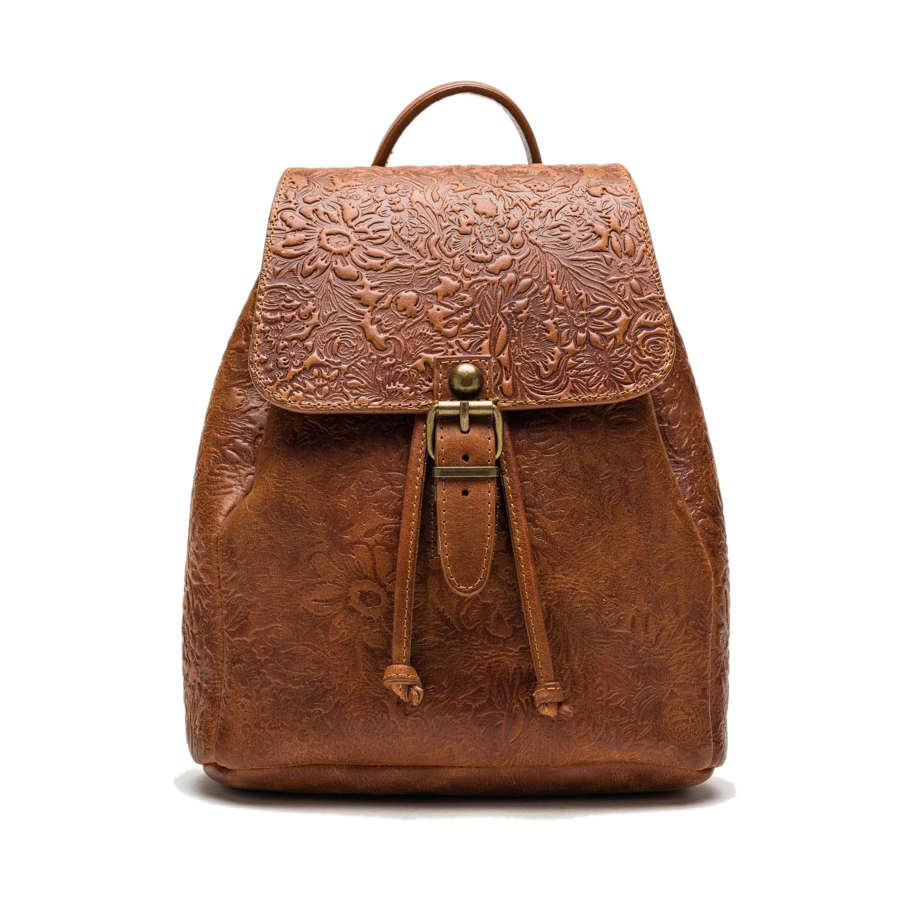 Tan Floral Embossed Backpack Floral Embossed Leather Backpack: Lightweight Women main image 2