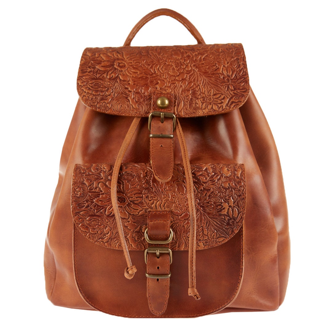 Genuine Leather Handmade Backpack, Light Brown Flower Embossed College ...