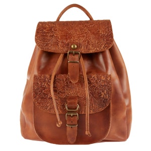 Genuine Leather Handmade Backpack, Light Brown flower embossed College Bag, Vintage Leather Rucksack,  Large Leather Bag