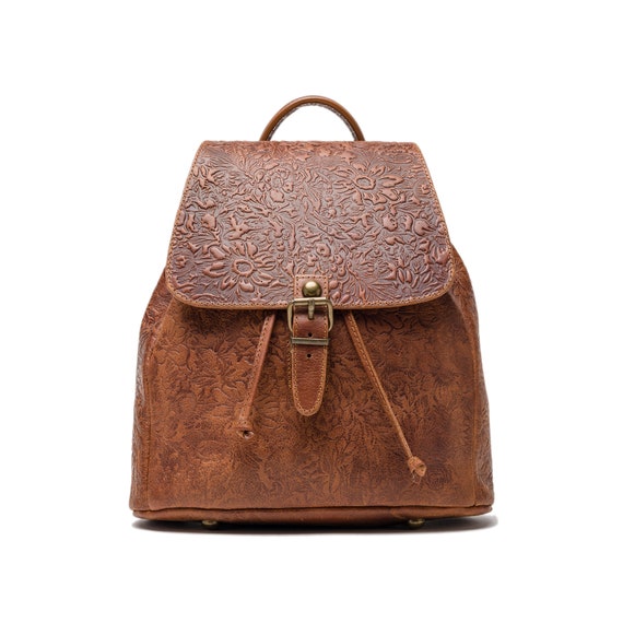 Flower Embossed Backpack, Handmade Leather Rucksack, Vintage  display picture 2