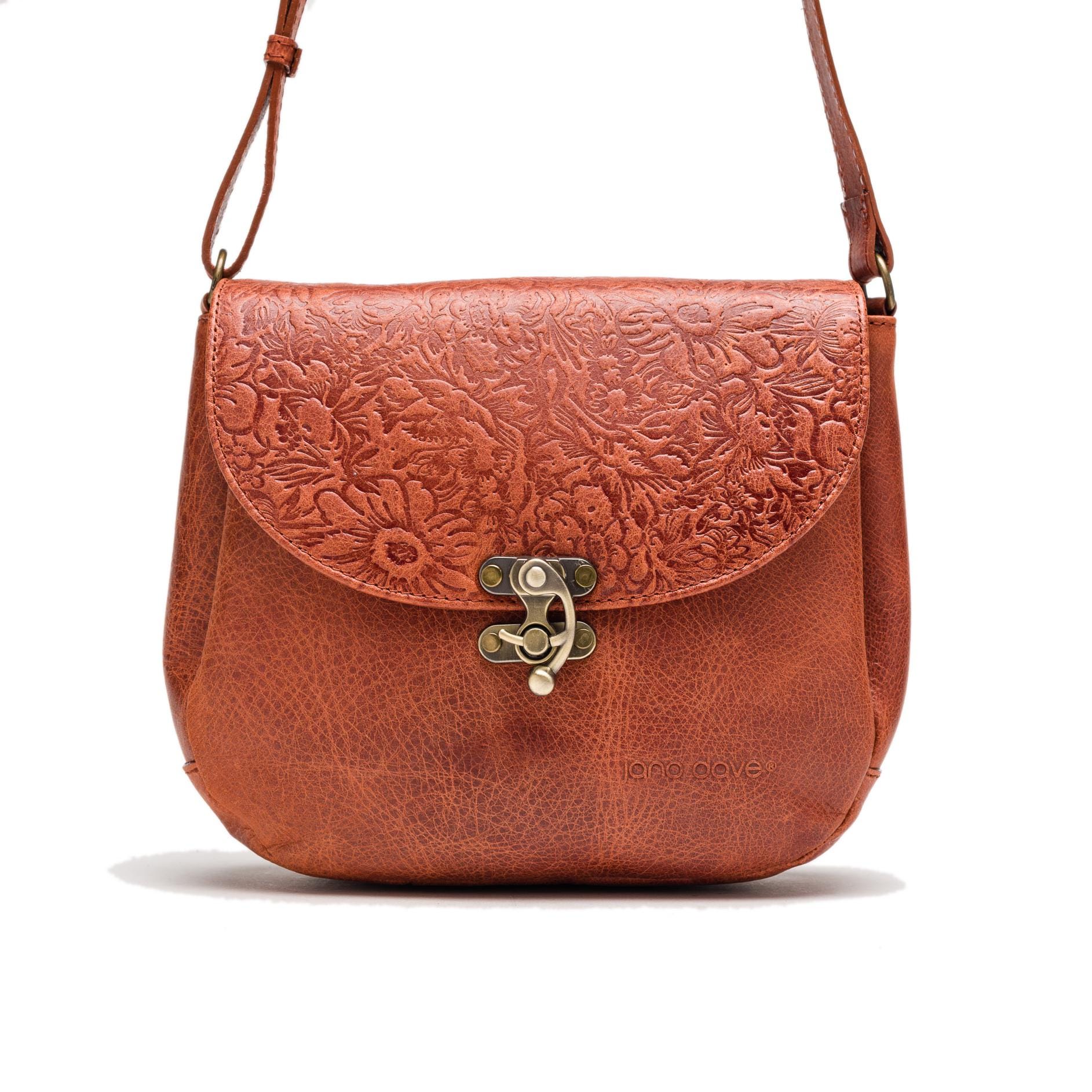Flower Embossed Shoulder Bag, Genuine Leather Shoulder Bag