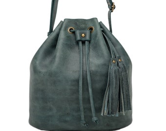 Handmade Genuine Leather Bucket Bag, Vintage Drawstring Shoulder Bag