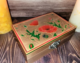 Wooden jewelry box, Jewelry box, Tarot box, Keepsake box, Hand painted box, Red flowers, Poppies, Floral pattern, Epoxy box, Jewelry storage