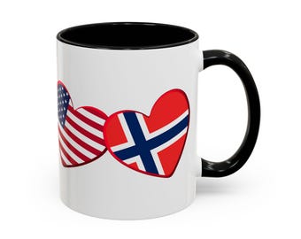 Norwegian and American Mug - Hearts, Flags, Coffee Mug, Tea Mug - Norway