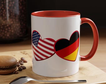 Taza de café con corazones y bandera estadounidense de Alemania - Regalo del orgullo nacional - EE. UU., Alemania