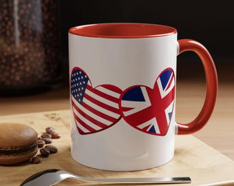 UK - British and American Mug - Hearts, Flags, Coffee Mug, Tea Mug