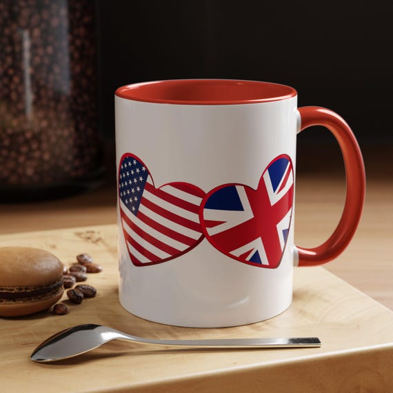 UK - British and American Mug - Hearts, Flags, Coffee Mug, Tea Mug