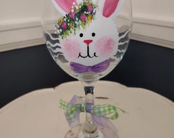 Hand Painted Bunny Wine Glass