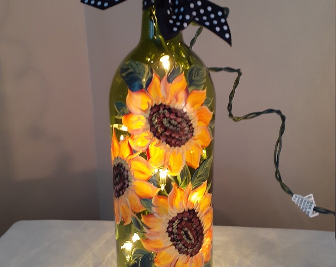 Hand Painted Sunflower Wine Bottle With Lights Etsy