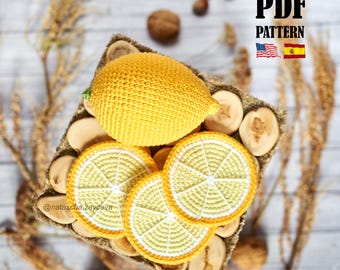 PDF Pattern: Crochet Lemon with Slices. Amigurumi Citrus Food Toy (English & Spanish Tutorial)