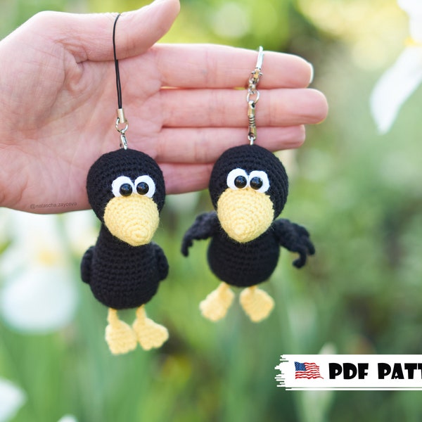 Crochet PATTERN Keychain Crow Amigurumi pattern Crochet raven key chain toy  PDF Tutorial Handmade key ring bird. Corbie car pendant toy