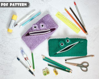 Pencil case crochet PATTERN. Crochet pencil-box monster. Handmade pen box PDF pattern. Crochet school-box. Small bag for school supplies