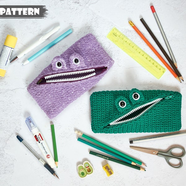 Pencil case crochet PATTERN. Crochet pencil-box monster. Handmade pen box PDF pattern. Crochet school-box. Small bag for school supplies