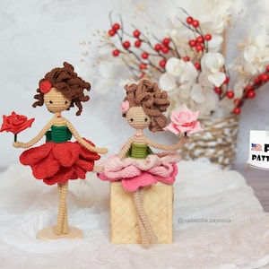 Crochet PATTERN flower girl Amigurumi flower doll Digital PDF pattern, handmade amigurumi fairy small doll in dress. Crochet red pink rose