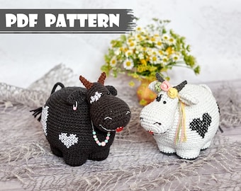 PDF Pattern: Crochet Cow with Embroidered Hearts. Amigurumi Plush Toy Bull (English Tutorial)