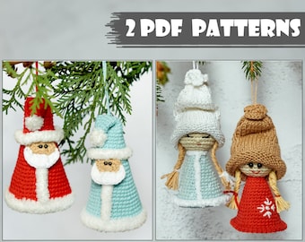 PATTERN Girls and Santa Claus the Jingle bells. Christmas tree decoration. Amigurumi new year pattern. Crochet knitted toy on x-mas tree