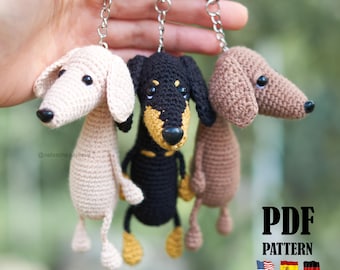 PDF Pattern: Crochet Dachshund Keychain. Amigurumi keyring Sausage Dog, (English, Spanish, German tutorial)