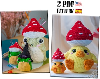 Crochet PATTERN Chicken and Frog the Pin Cushion. Amigurumi pincushion fly agaric. Handmade plush Easter and Halloween toy with Mushroom Hat