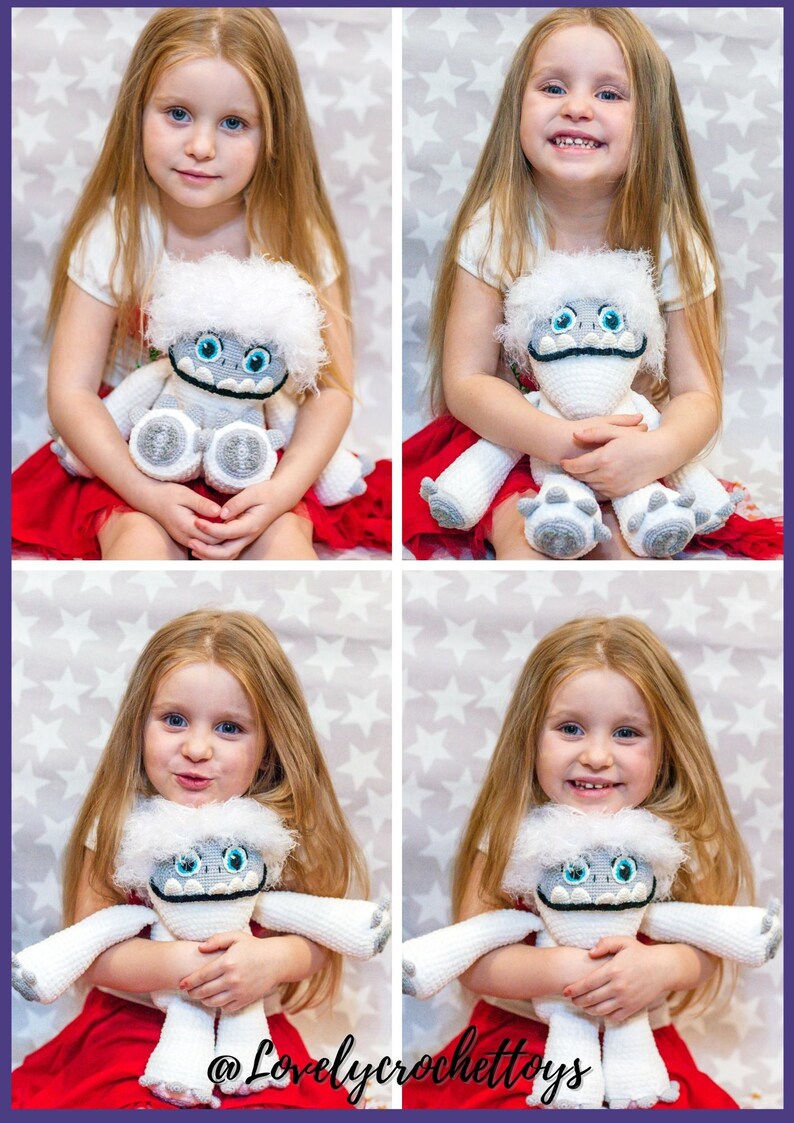 May include: A young girl is holding a white crocheted Yeti plush toy with blue eyes and a black mouth. The toy has a white fur trim around its head and arms. The girl is wearing a red skirt and has long blonde hair. The background is a white surface with silver stars.