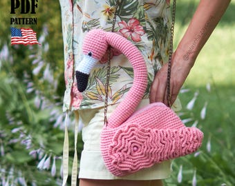 PDF Pattern: Crochet Flamingo Purse. Amigurumi pink Bird Handbag (English tutorial)